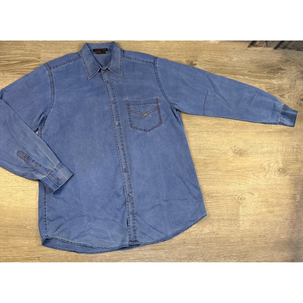 Tulliano Mens Medium Blue 100% Silk Long Sleeve Button Down Shirt Sand Washed M